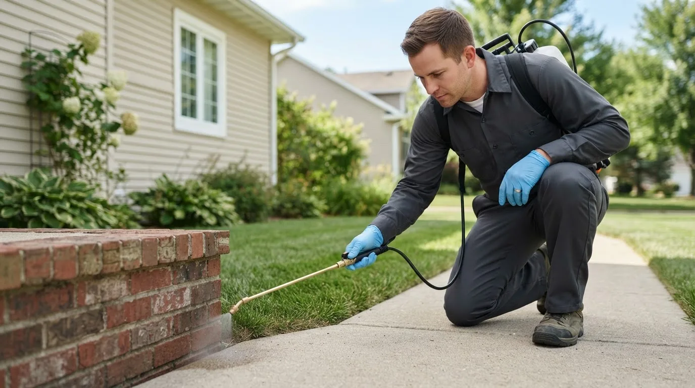 Pest control technician treating a home near Quenemo, KS