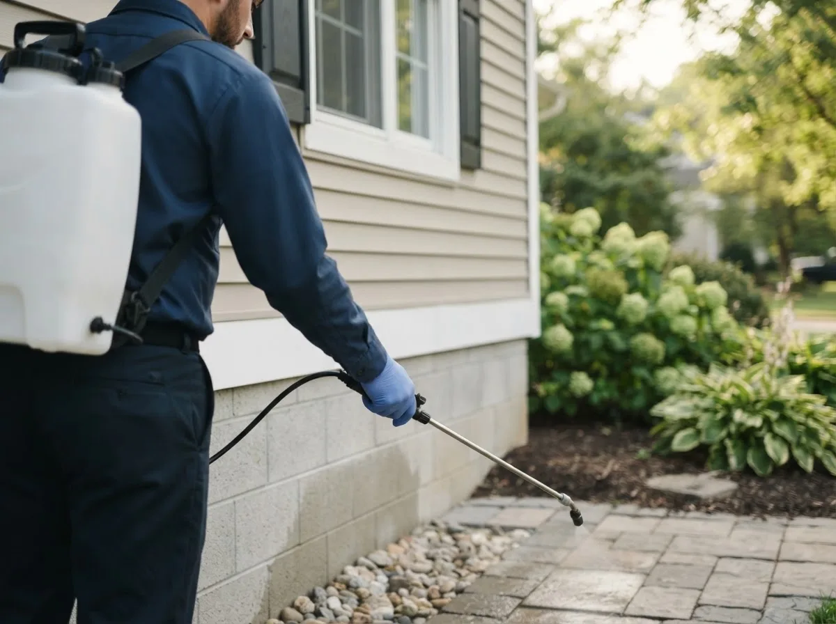 Pest control technician inspecting a home in Quenemo, KS